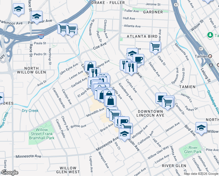 map of restaurants, bars, coffee shops, grocery stores, and more near 1089 Merle Avenue in San Jose