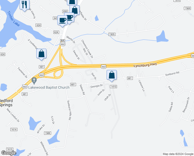 map of restaurants, bars, coffee shops, grocery stores, and more near 23 Sun Drive in Evington