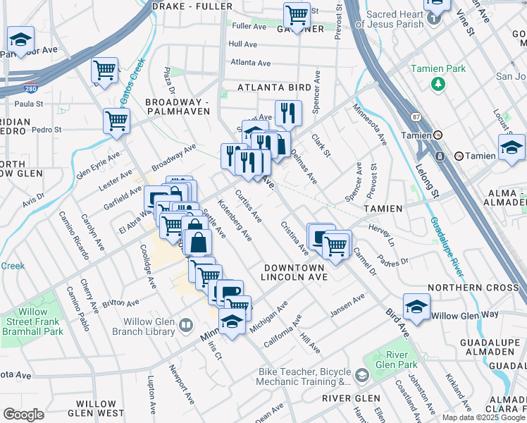 map of restaurants, bars, coffee shops, grocery stores, and more near 1212 Curtiss Avenue in San Jose