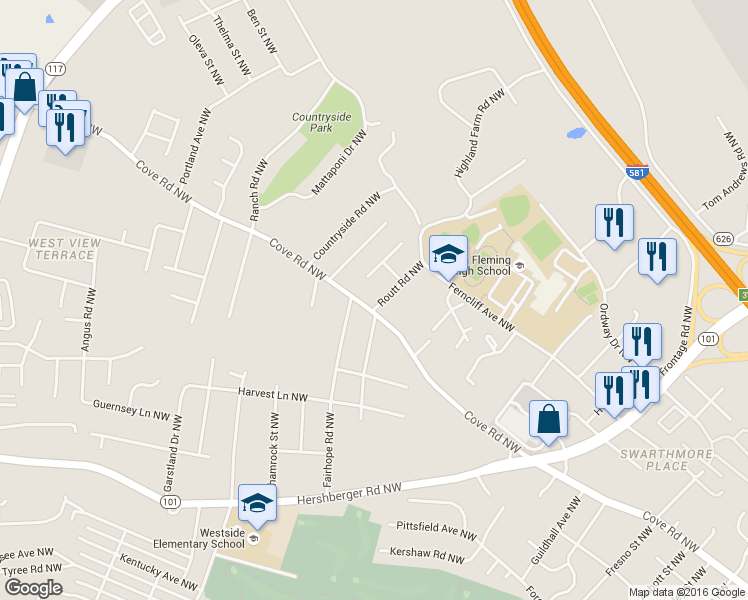 map of restaurants, bars, coffee shops, grocery stores, and more near 3703 Cove Road Northwest in Roanoke