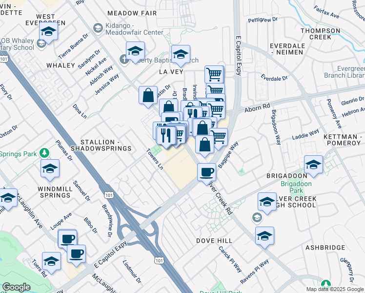 map of restaurants, bars, coffee shops, grocery stores, and more near 3005 Silver Creek Road in San Jose