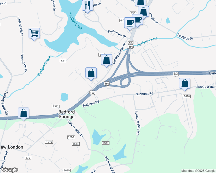 map of restaurants, bars, coffee shops, grocery stores, and more near Center Drive in Timberlake