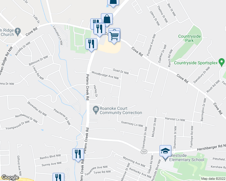 map of restaurants, bars, coffee shops, grocery stores, and more near 1821 Lynn Street Northwest in Roanoke