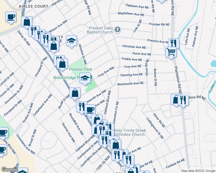 map of restaurants, bars, coffee shops, grocery stores, and more near 3230 Wentworth Avenue Northwest in Roanoke