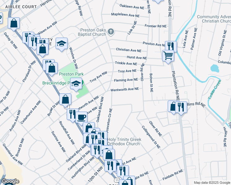 map of restaurants, bars, coffee shops, grocery stores, and more near 119 Wentworth Avenue Northeast in Roanoke