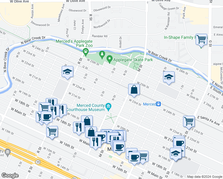 map of restaurants, bars, coffee shops, grocery stores, and more near 729 West 23rd Street in Merced