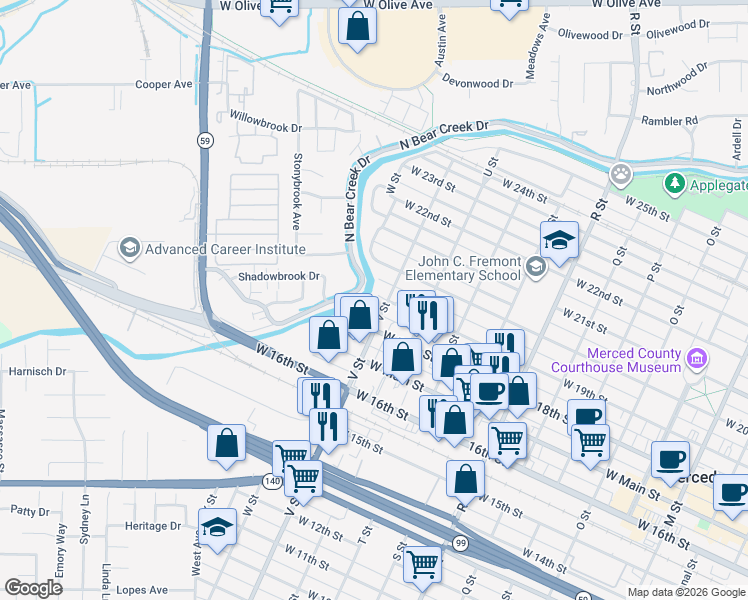 map of restaurants, bars, coffee shops, grocery stores, and more near 1512 West 19th Street in Merced