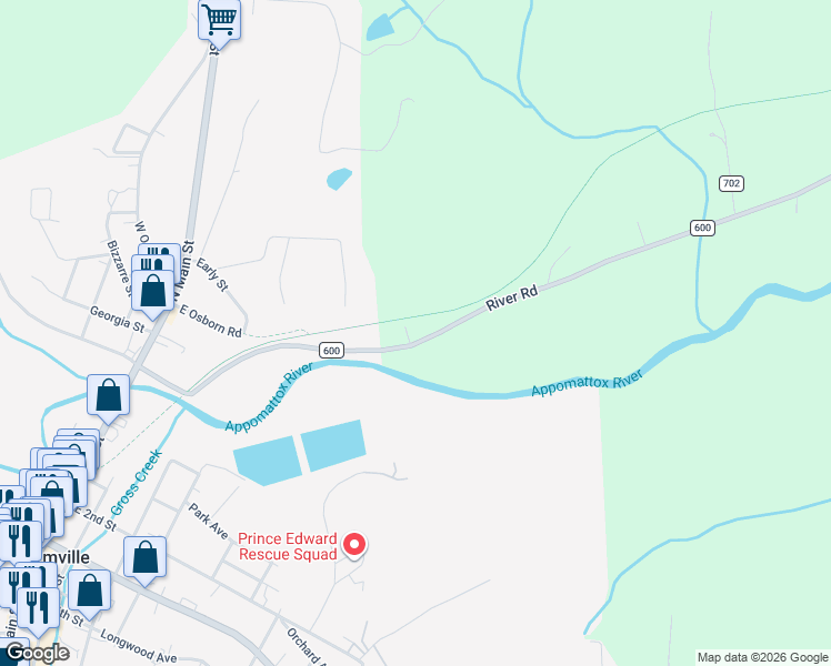 map of restaurants, bars, coffee shops, grocery stores, and more near High Bridge Trail in Farmville