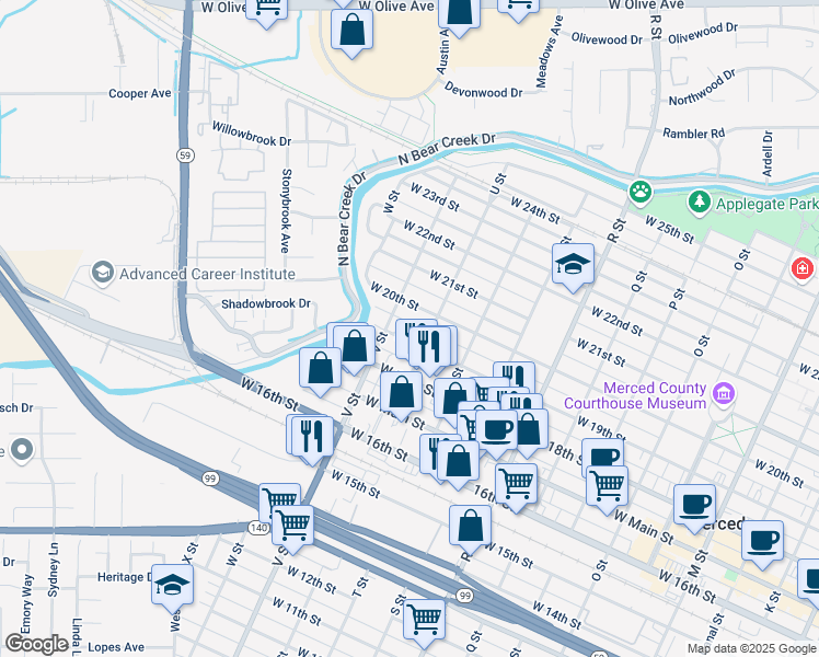 map of restaurants, bars, coffee shops, grocery stores, and more near 1454 West 20th Street in Merced