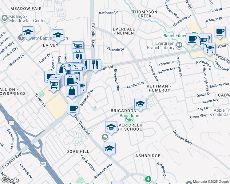 map of restaurants, bars, coffee shops, grocery stores, and more near 3259 Brigadoon Way in San Jose