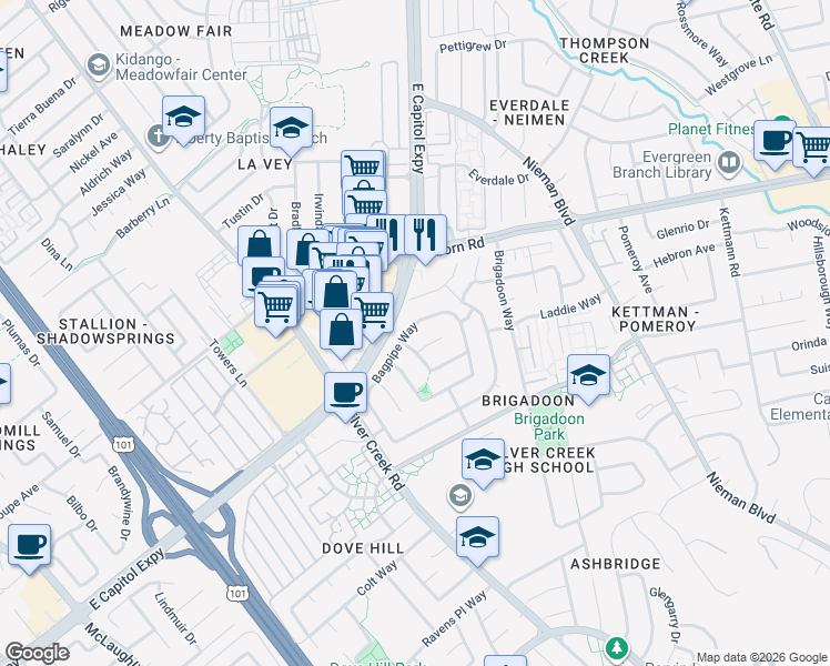 map of restaurants, bars, coffee shops, grocery stores, and more near 1882 Bagpipe Way in San Jose