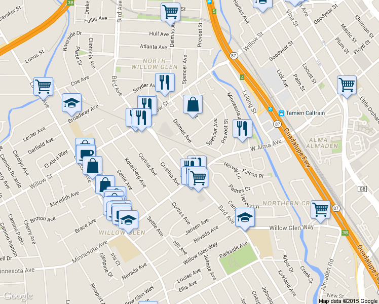map of restaurants, bars, coffee shops, grocery stores, and more near 1269 Delmas Avenue in San Jose