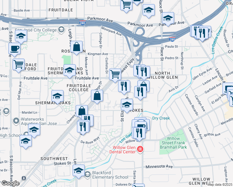 map of restaurants, bars, coffee shops, grocery stores, and more near 1530 Southwest Expressway in San Jose