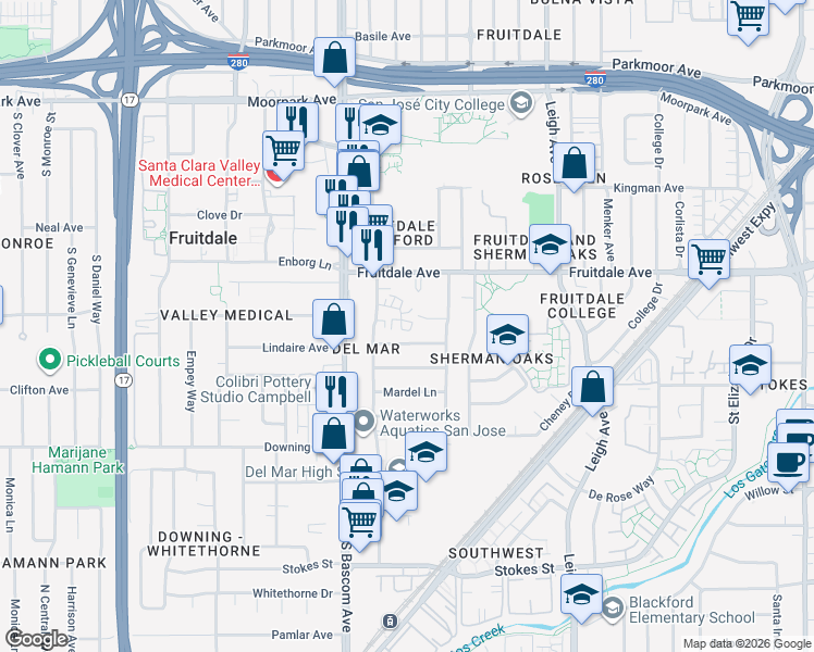 map of restaurants, bars, coffee shops, grocery stores, and more near 2065 Marlboro Court in San Jose