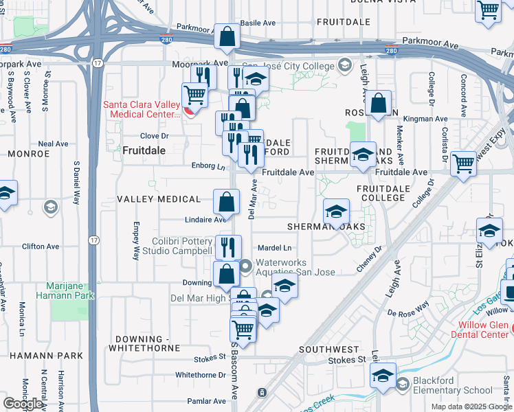 map of restaurants, bars, coffee shops, grocery stores, and more near 2140 Marlboro Court in San Jose