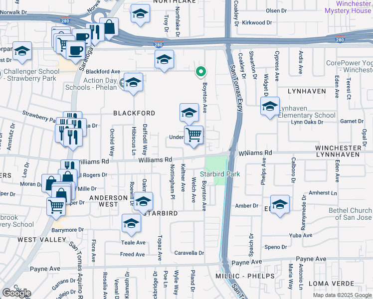 map of restaurants, bars, coffee shops, grocery stores, and more near 3813 Barker Drive in San Jose