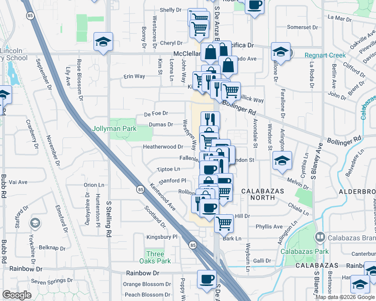 map of restaurants, bars, coffee shops, grocery stores, and more near 1024 Westlynn Way in Cupertino