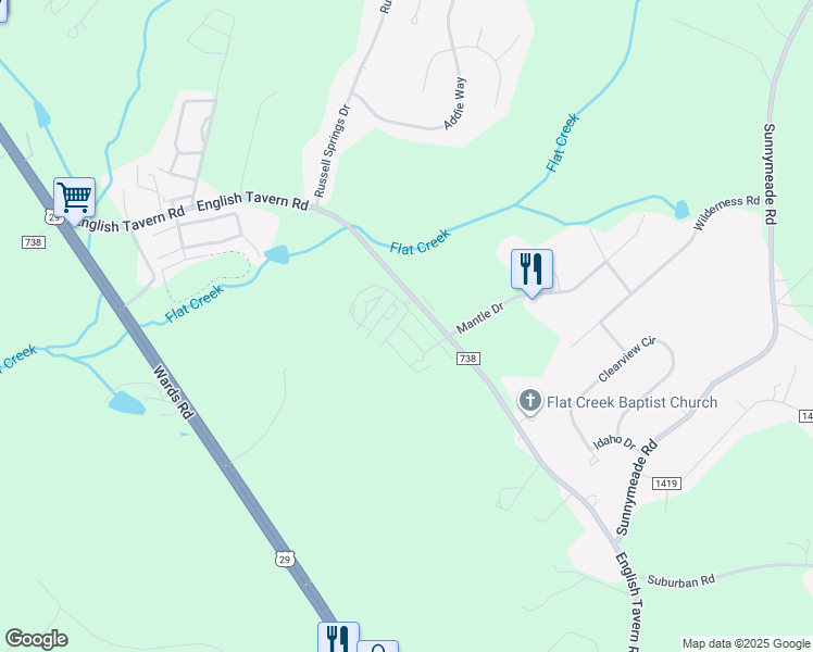 map of restaurants, bars, coffee shops, grocery stores, and more near 70 Rugby Lane in Lynchburg