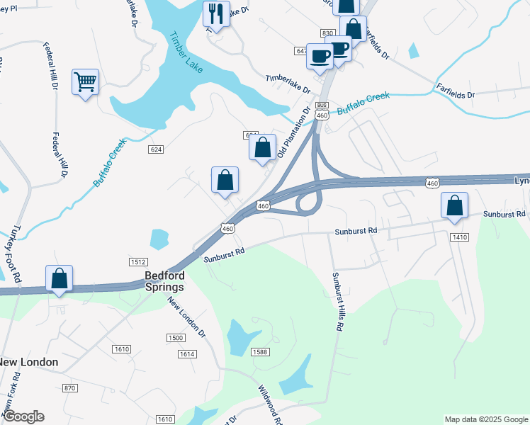 map of restaurants, bars, coffee shops, grocery stores, and more near Lynchburg Highway in Timberlake