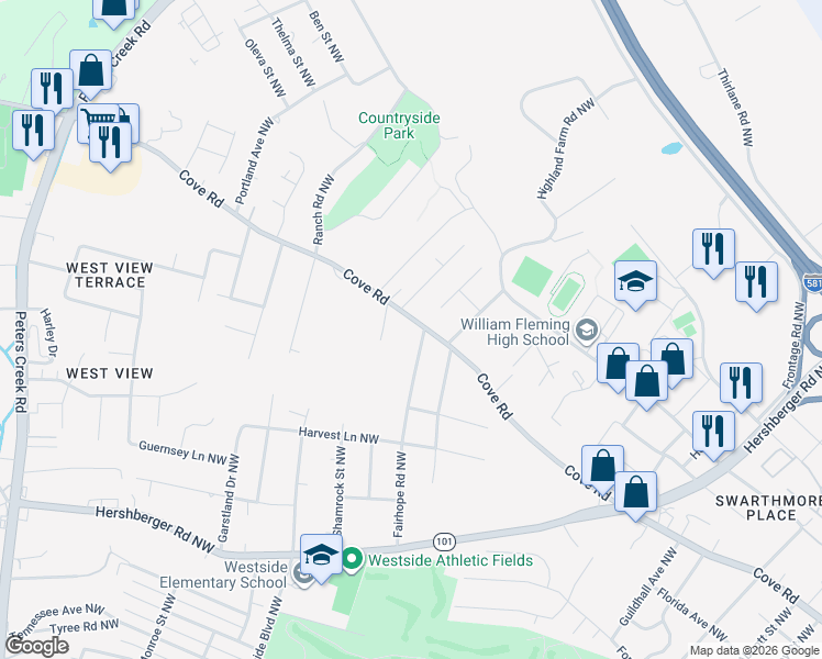 map of restaurants, bars, coffee shops, grocery stores, and more near 3816 Cove Road Northwest in Roanoke
