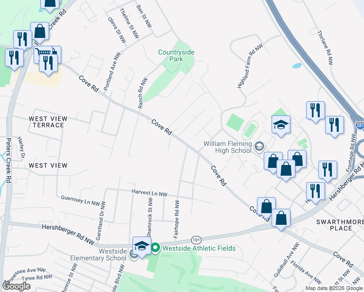 map of restaurants, bars, coffee shops, grocery stores, and more near 3816 Cove Road Northwest in Roanoke
