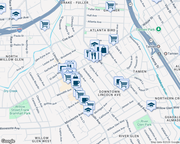 map of restaurants, bars, coffee shops, grocery stores, and more near 910 Willowshire Way in San Jose