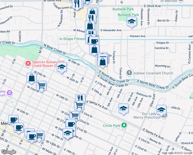 map of restaurants, bars, coffee shops, grocery stores, and more near 2750 G Street in Merced