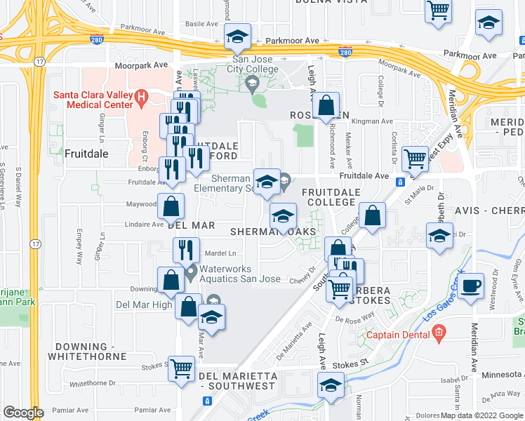 map of restaurants, bars, coffee shops, grocery stores, and more near Sherman Oaks Drive in San Jose
