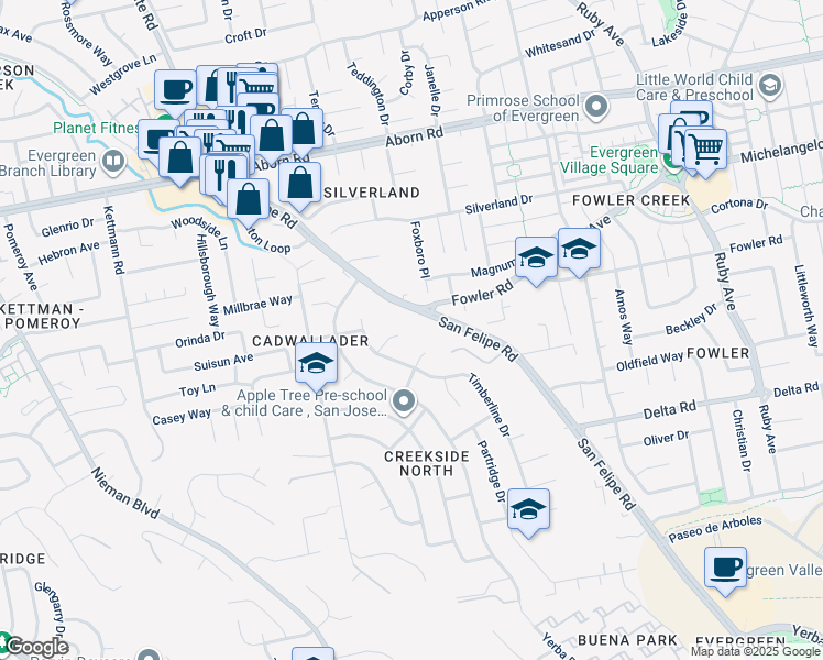 map of restaurants, bars, coffee shops, grocery stores, and more near 3689 San Felipe Road in San Jose