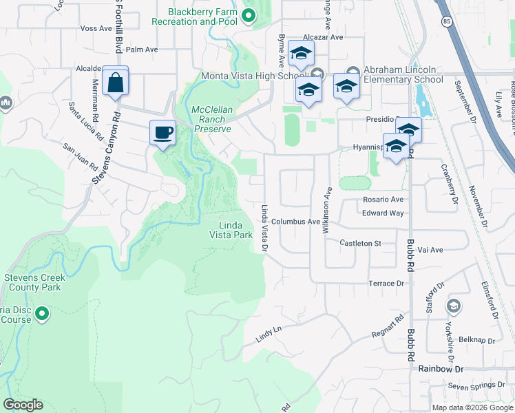 map of restaurants, bars, coffee shops, grocery stores, and more near 22014 Baxley Court in Cupertino