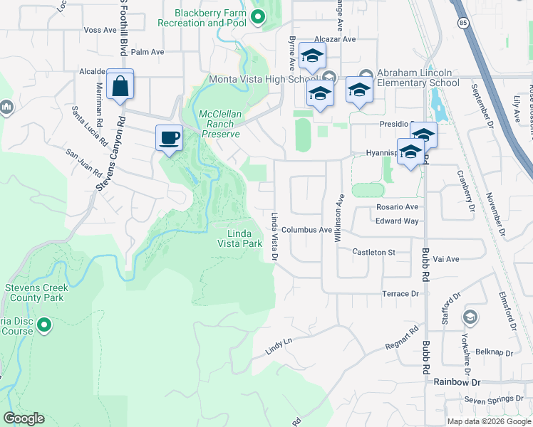map of restaurants, bars, coffee shops, grocery stores, and more near 22014 Baxley Court in Cupertino