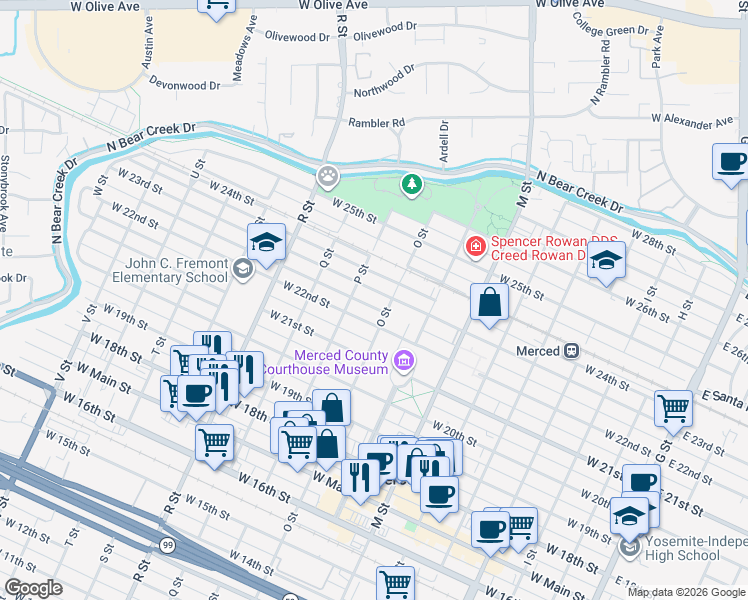 map of restaurants, bars, coffee shops, grocery stores, and more near 805 West 23rd Street in Merced