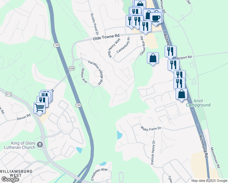 map of restaurants, bars, coffee shops, grocery stores, and more near 5350 Gardner Court in Williamsburg