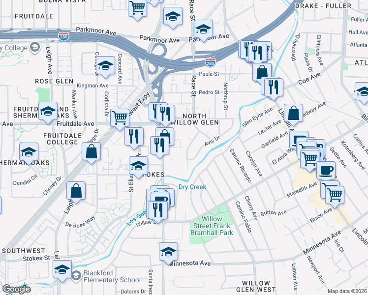 map of restaurants, bars, coffee shops, grocery stores, and more near 989 Twin Brook Drive in San Jose