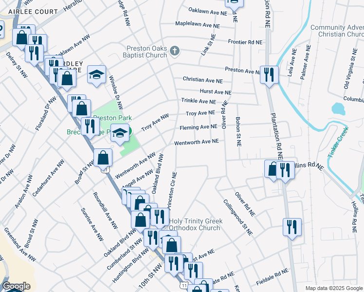 map of restaurants, bars, coffee shops, grocery stores, and more near 119 Wentworth Avenue Northeast in Roanoke