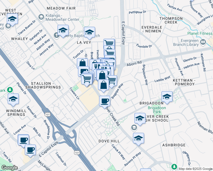 map of restaurants, bars, coffee shops, grocery stores, and more near 1771 East Capitol Expressway in San Jose