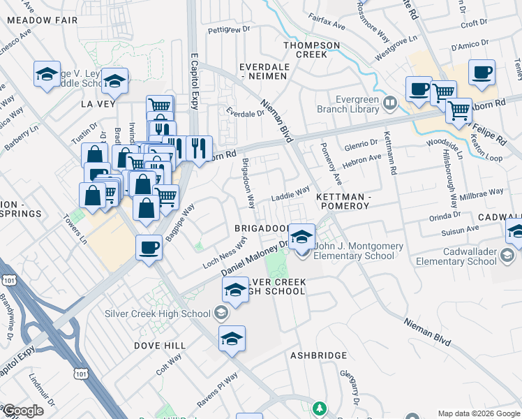 map of restaurants, bars, coffee shops, grocery stores, and more near 3259 Brigadoon Way in San Jose