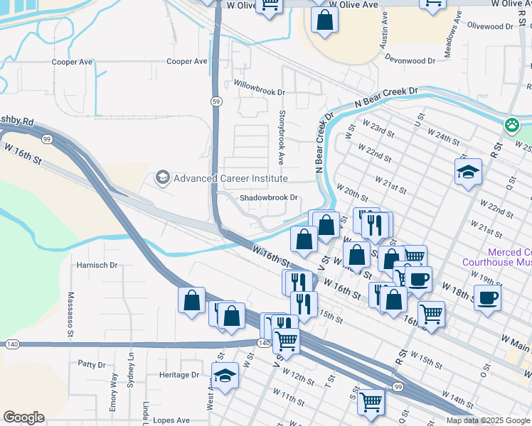 map of restaurants, bars, coffee shops, grocery stores, and more near 1932 Shadowbrook Drive in Merced