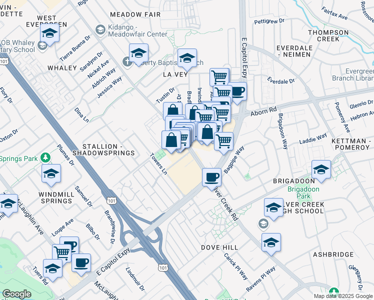 map of restaurants, bars, coffee shops, grocery stores, and more near 3005 Silver Creek Road in San Jose