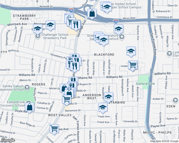 map of restaurants, bars, coffee shops, grocery stores, and more near 947 Orchid Way in San Jose