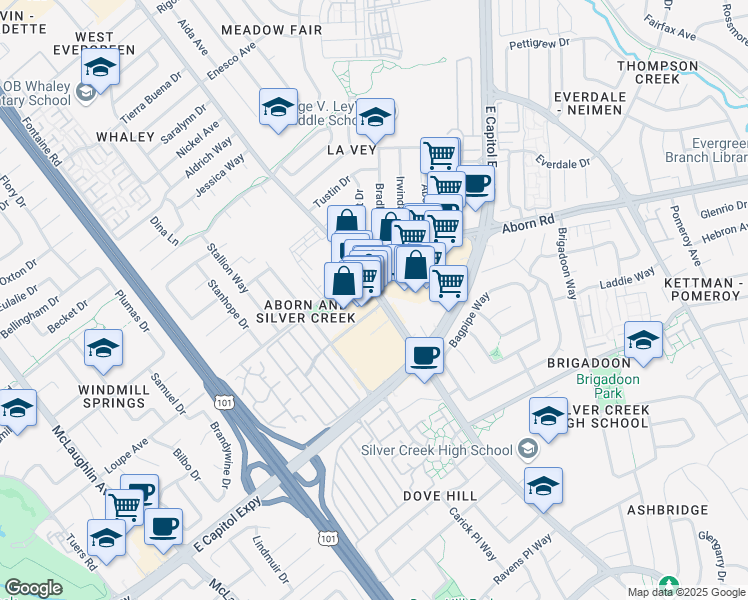 map of restaurants, bars, coffee shops, grocery stores, and more near 3005 Silver Creek Road in San Jose