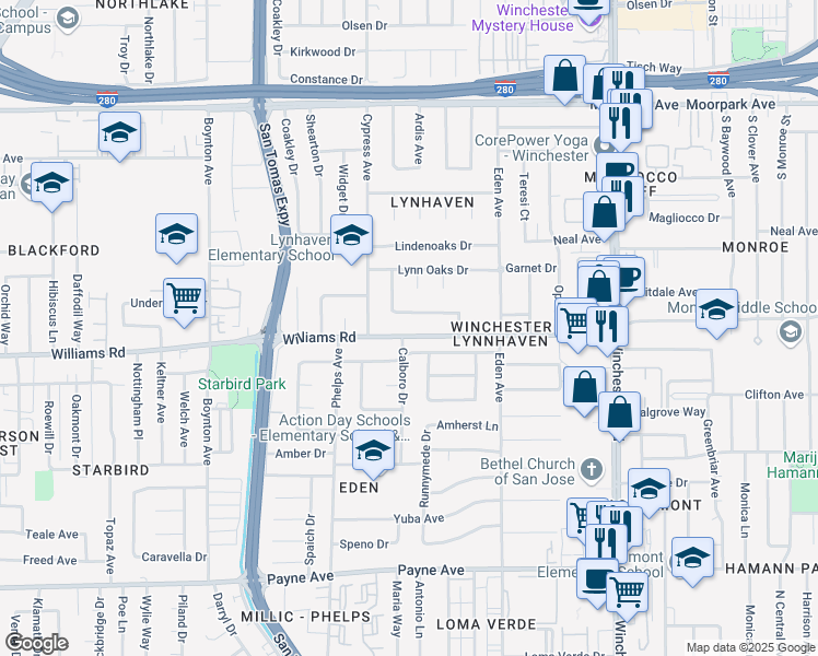map of restaurants, bars, coffee shops, grocery stores, and more near 3421 Williams Road in San Jose