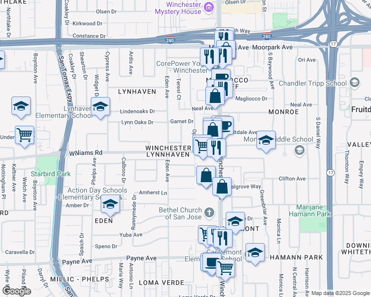 map of restaurants, bars, coffee shops, grocery stores, and more near 3195 Williams Road in San Jose
