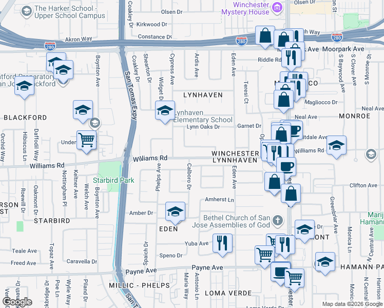 map of restaurants, bars, coffee shops, grocery stores, and more near 3421 Williams Road in San Jose