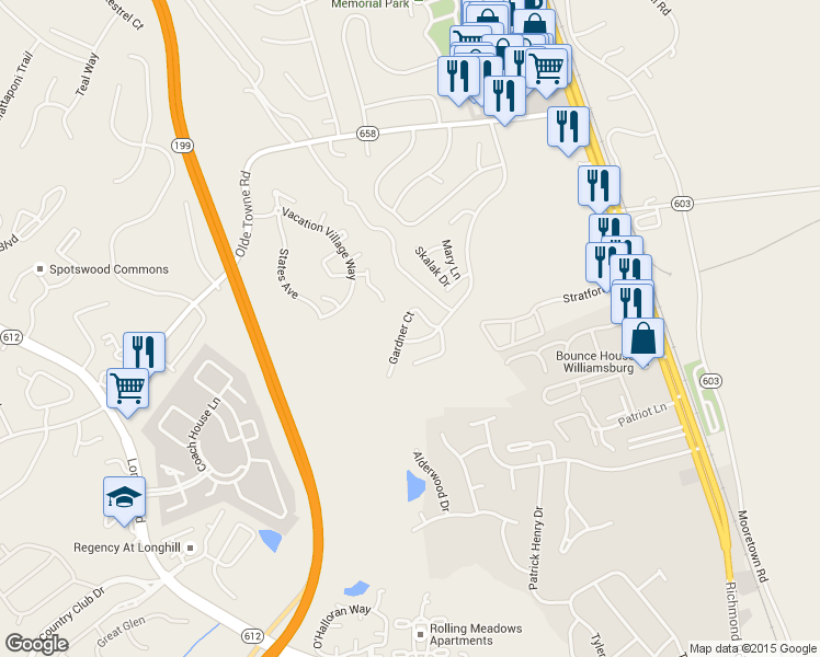 map of restaurants, bars, coffee shops, grocery stores, and more near 5343 Gardner Court in Williamsburg