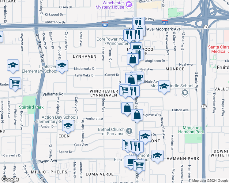 map of restaurants, bars, coffee shops, grocery stores, and more near 3195 Williams Road in San Jose