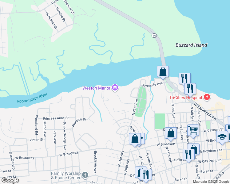 map of restaurants, bars, coffee shops, grocery stores, and more near 400 Weston Lane in Hopewell