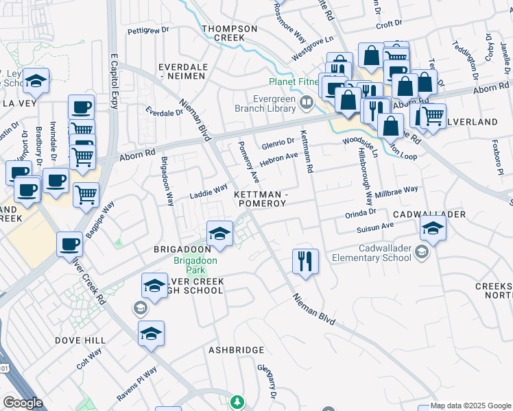map of restaurants, bars, coffee shops, grocery stores, and more near in San Jose