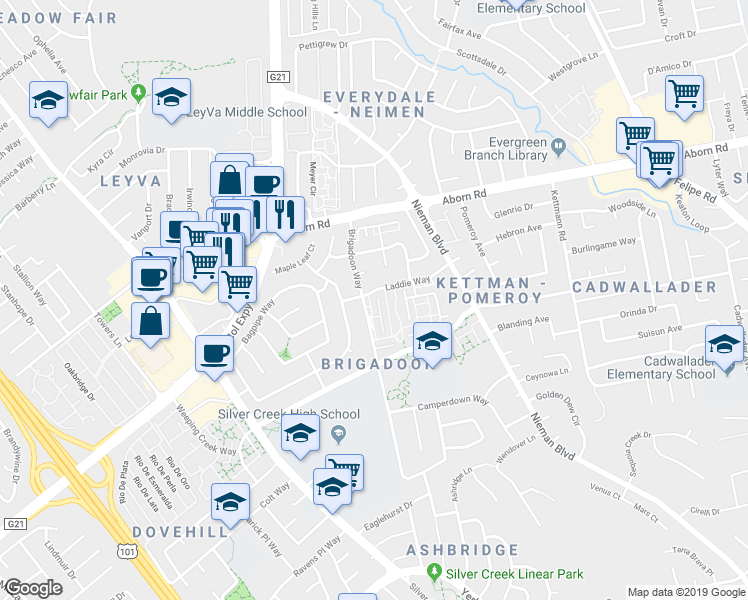 map of restaurants, bars, coffee shops, grocery stores, and more near 3259 Brigadoon Way in San Jose