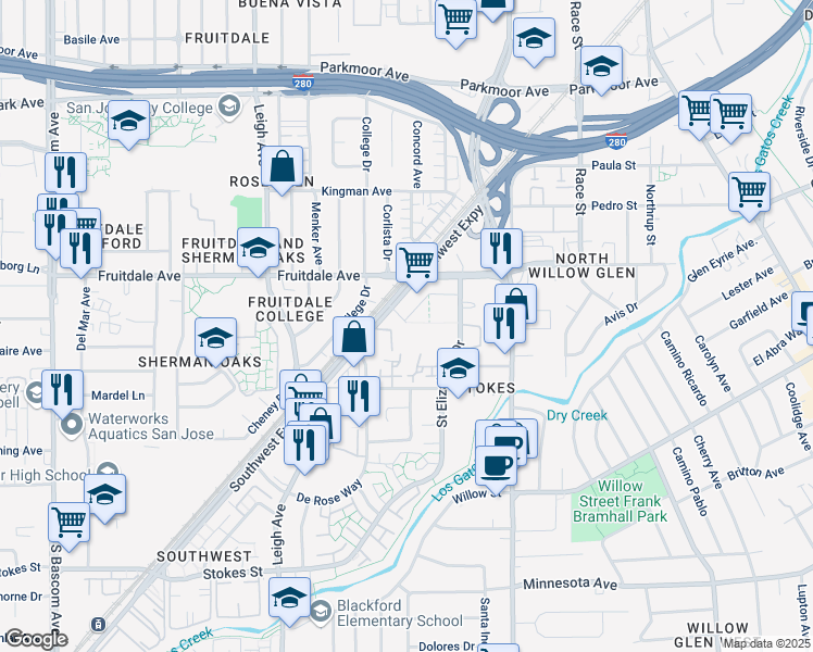 map of restaurants, bars, coffee shops, grocery stores, and more near 1590 Southwest Expressway in San Jose